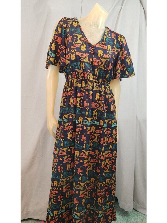 Collective Concepts Dresses & Skirts - Collective Concepts Blue Yellow Short Slv V Neck Shift Dress Womens MEDIUM Cold
